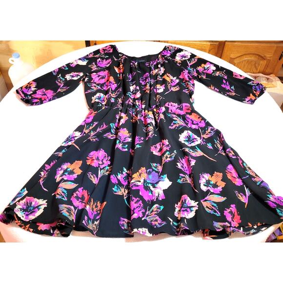 Forever 21 Dress L Fit Flare Black Pink Elastic Waist 3/4 Sleeve Cottage Fairy - Picture 1 of 7